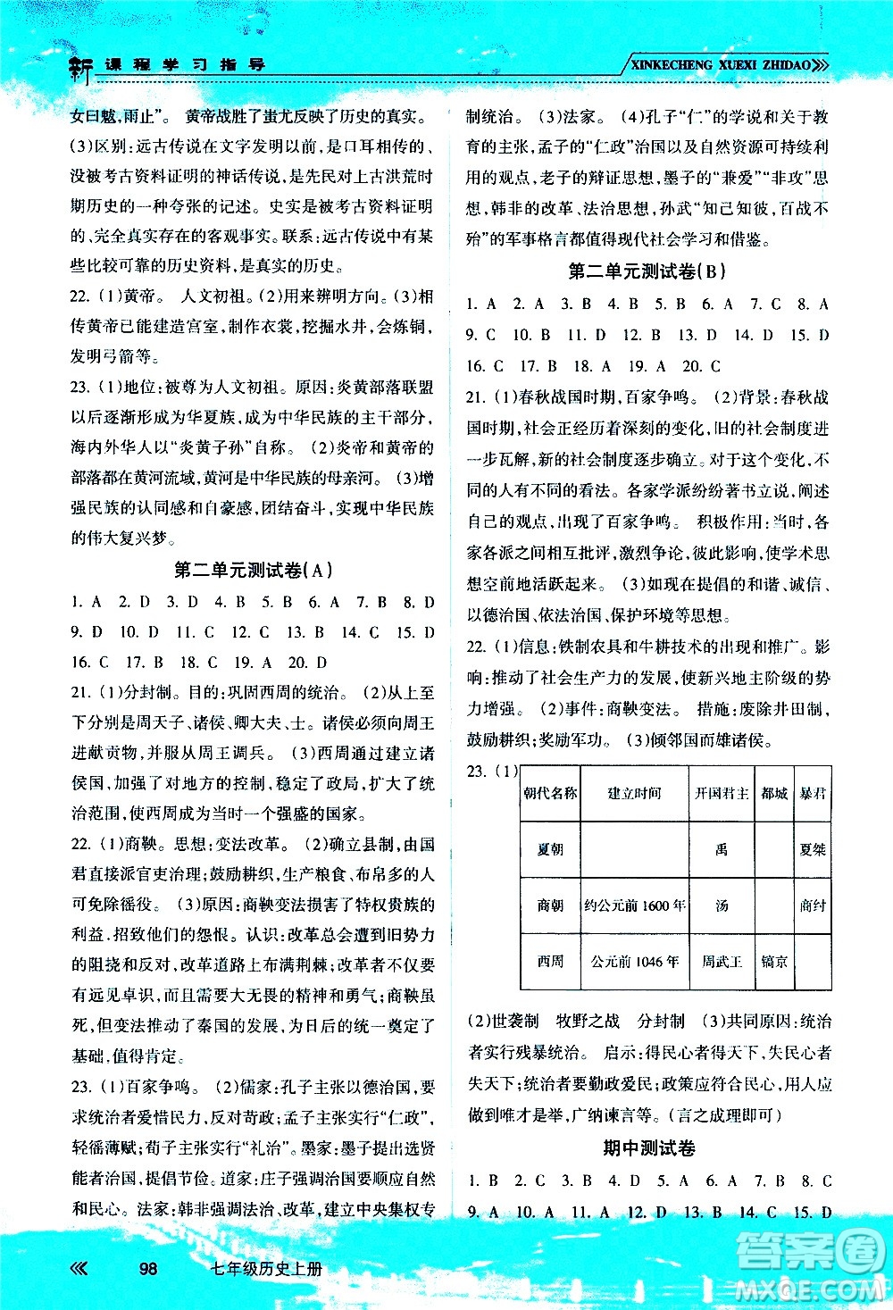 南方出版社2020年新課程學(xué)習(xí)指導(dǎo)歷史七年級上冊RJ人教版答案