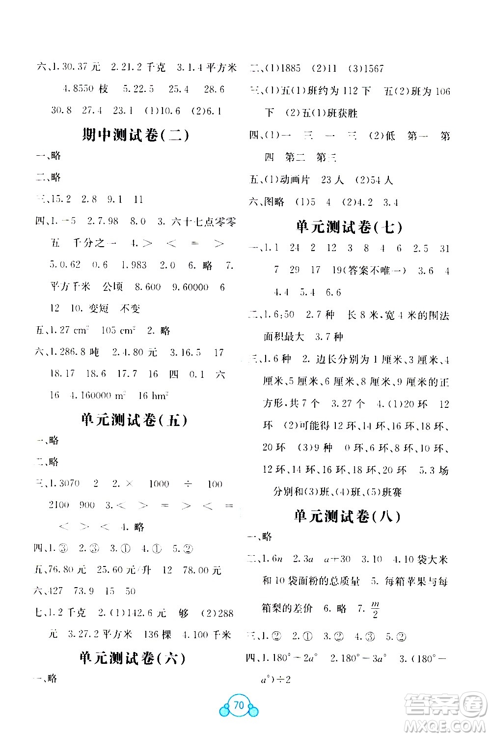 2020年自主學(xué)習(xí)能力測評單元測試數(shù)學(xué)五年級上冊B版答案