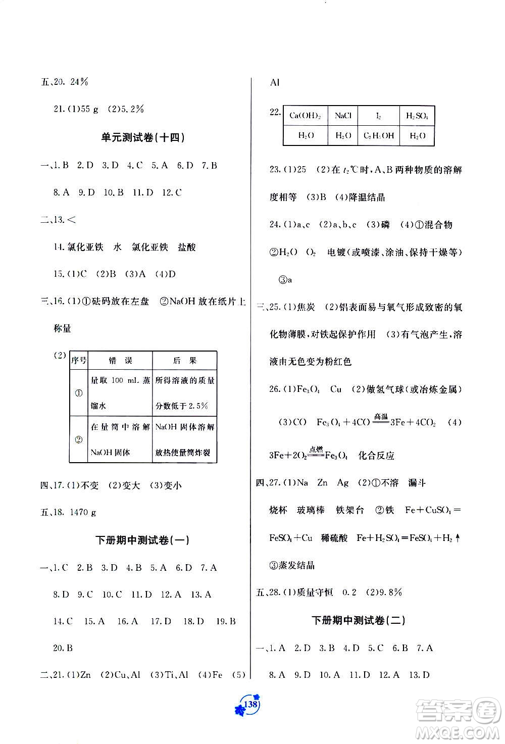 廣西教育出版社2020年自主學(xué)習能力測評單元測試化學(xué)九年級全一冊A版答案