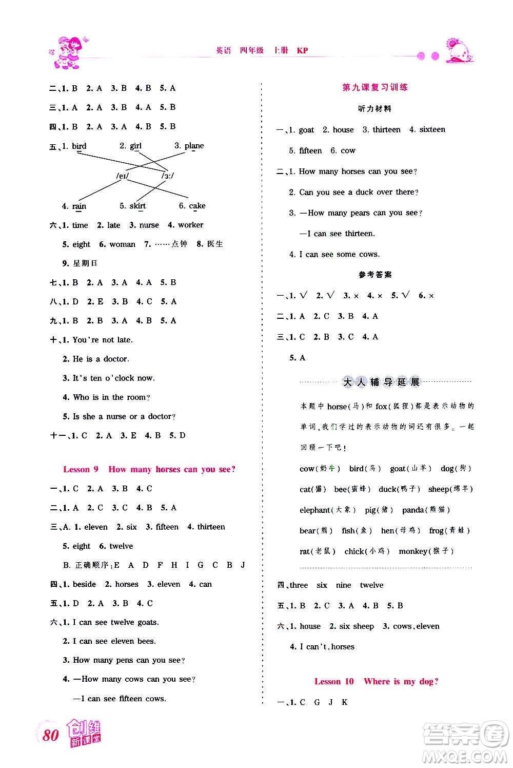 2020秋王朝霞創(chuàng)維新課堂同步優(yōu)化訓練英語四年級上冊KP科普版答案