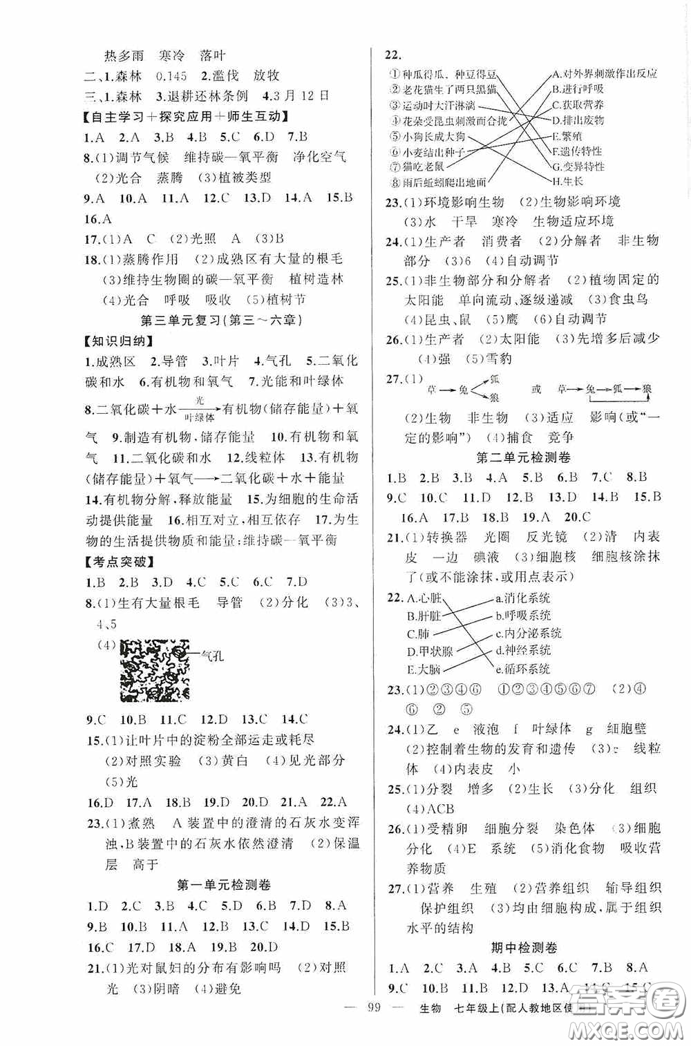 云南美術(shù)出版社2020學(xué)生課程精巧訓(xùn)練課堂創(chuàng)新學(xué)練測七年級生物上冊人教版答案