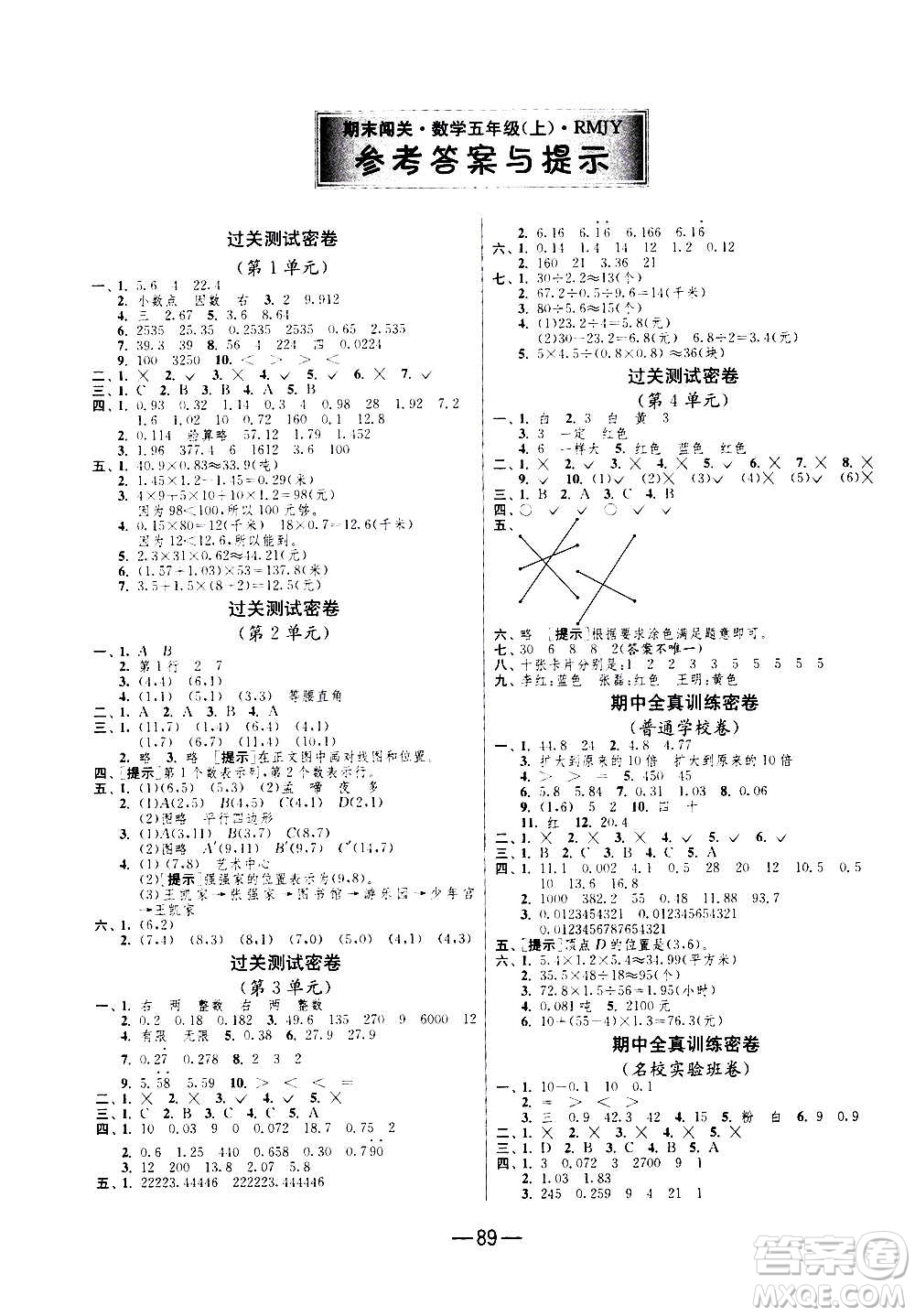 2020期末闖關(guān)復(fù)習(xí)總動員沖刺100分?jǐn)?shù)學(xué)五年級上冊RMJY人民教育版答案