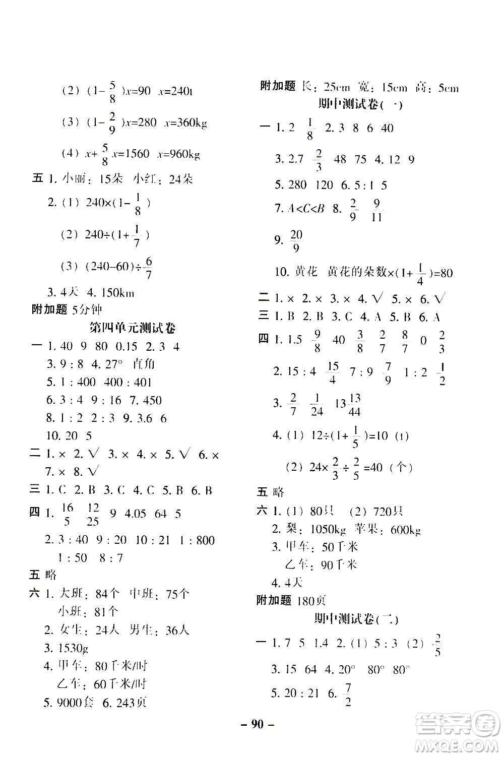 河北少年兒童出版社2020年期末闖關(guān)100分?jǐn)?shù)學(xué)六年級(jí)上冊(cè)RJ人教版答案