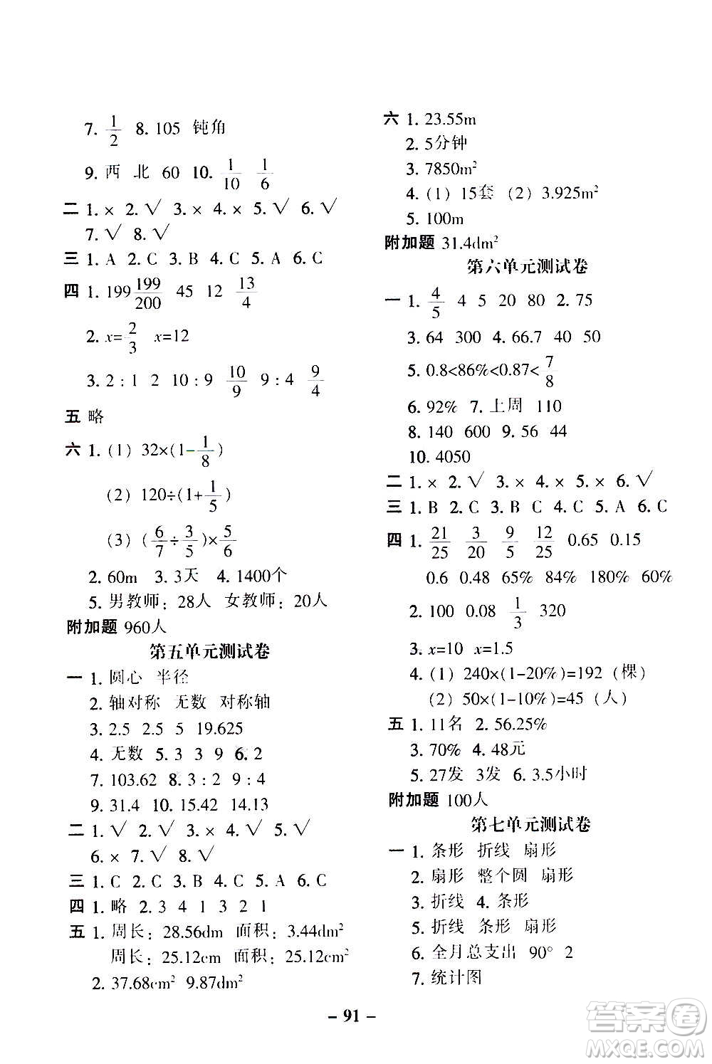 河北少年兒童出版社2020年期末闖關(guān)100分?jǐn)?shù)學(xué)六年級(jí)上冊(cè)RJ人教版答案