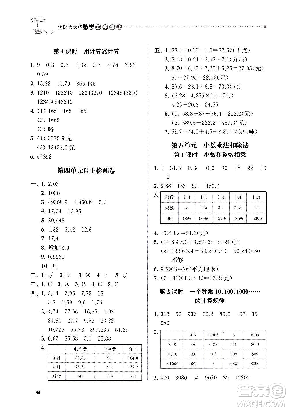 南京大學(xué)出版社2020年課時天天練數(shù)學(xué)五年級上冊蘇教版答案