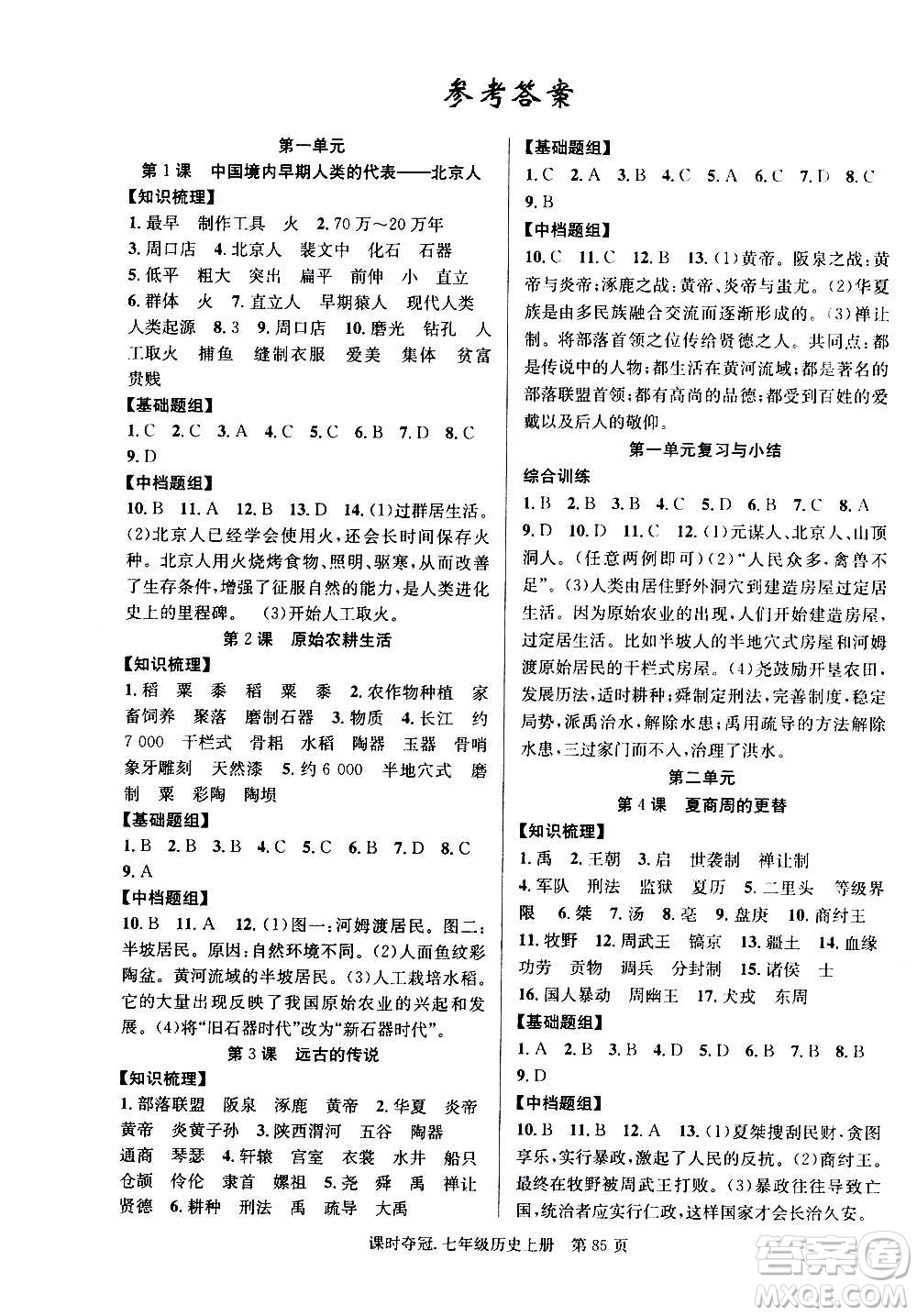 新世紀(jì)出版社2020課時(shí)奪冠歷史七年級(jí)上冊(cè)R人教版答案