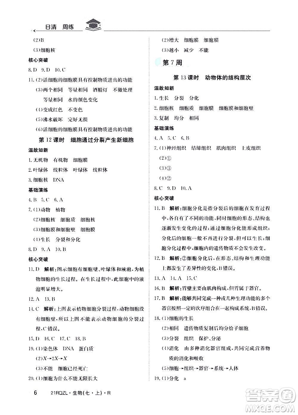 江西高校出版社2021版日清周練生物七年級上冊人教版答案