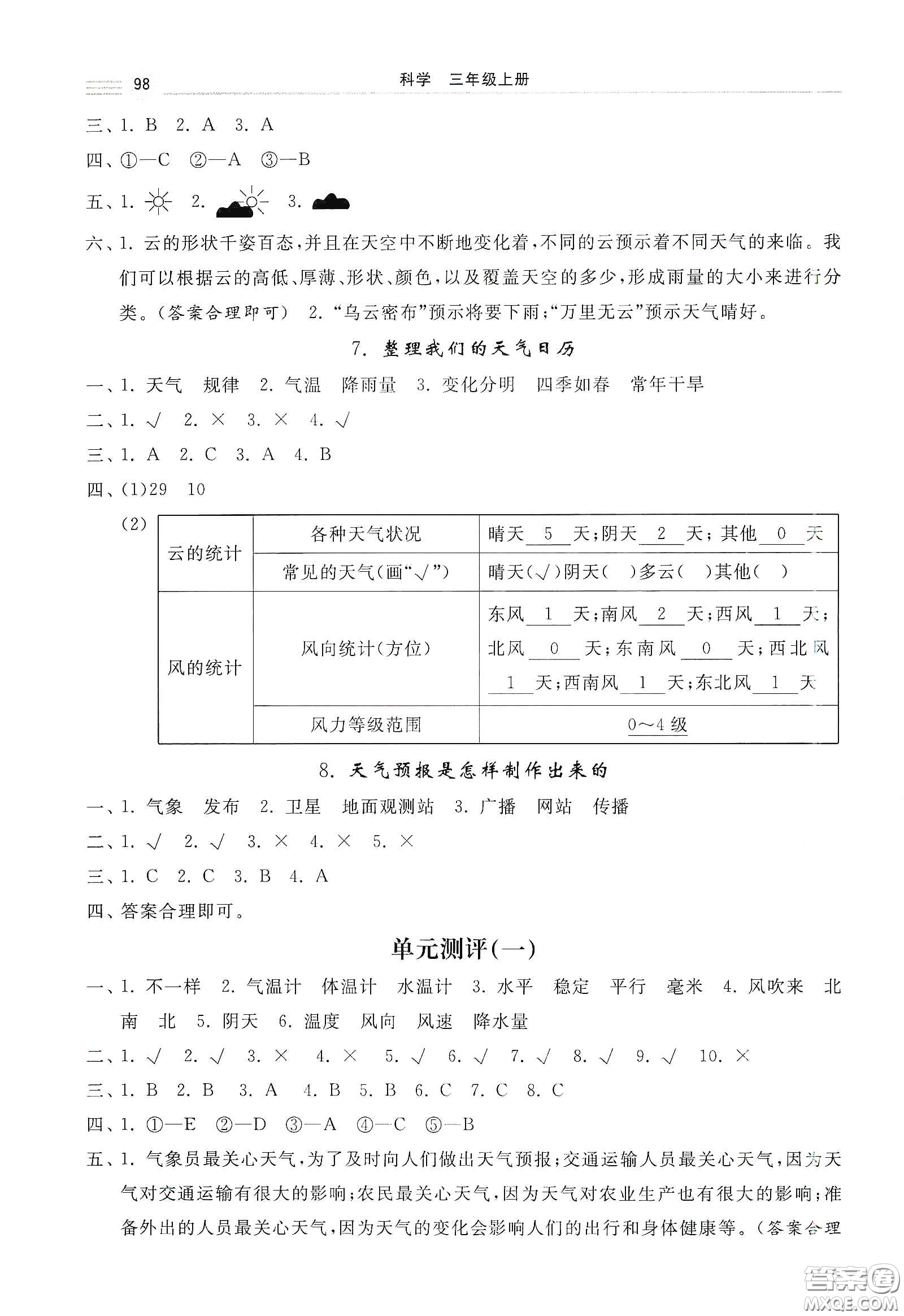 河北美術出版社2020秋課時練同步測評三年級科學上冊教科版答案