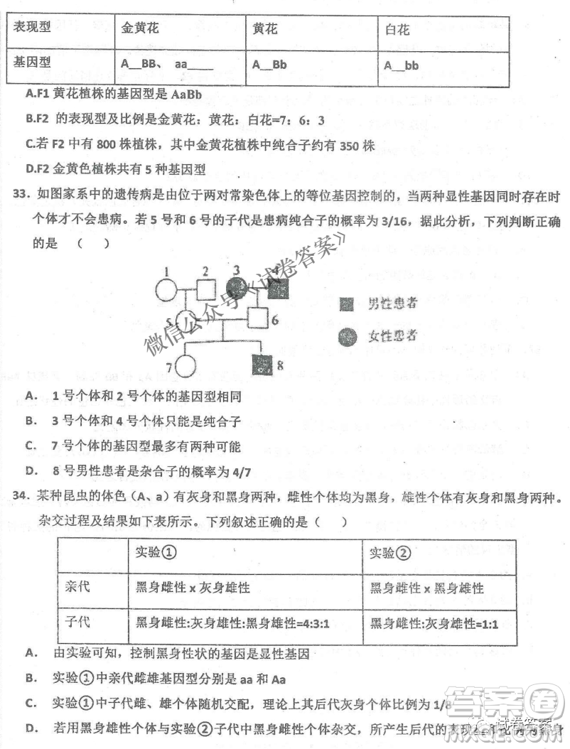 2020年衡水中學(xué)高三年級期中考試生物試卷及答案