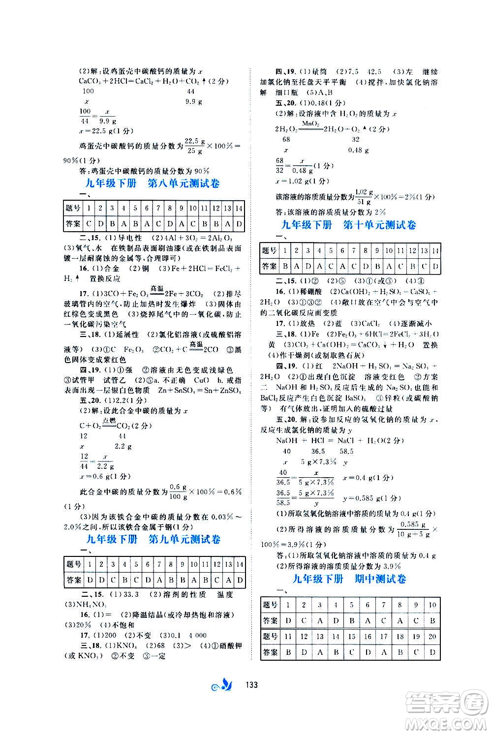 廣西教育出版社2020初中新課程學(xué)習(xí)與測評單元雙測化學(xué)九年級全一冊A版答案