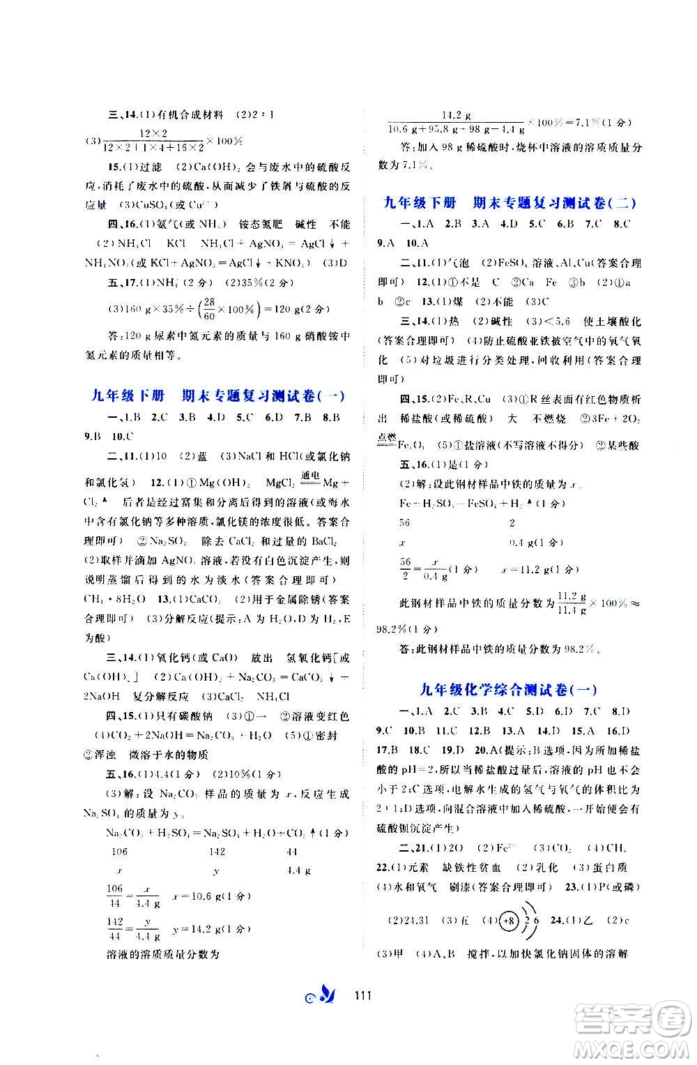 廣西教育出版社2020初中新課程學(xué)習(xí)與測(cè)評(píng)單元雙測(cè)化學(xué)九年級(jí)全一冊(cè)C版答案