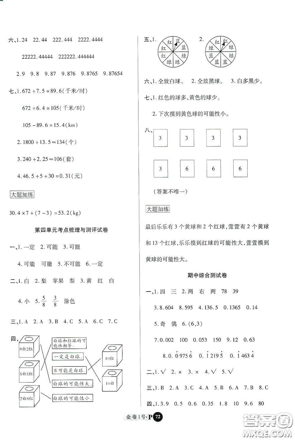 2020秋培優(yōu)金卷1號全能卷五年級數(shù)學(xué)上冊答案