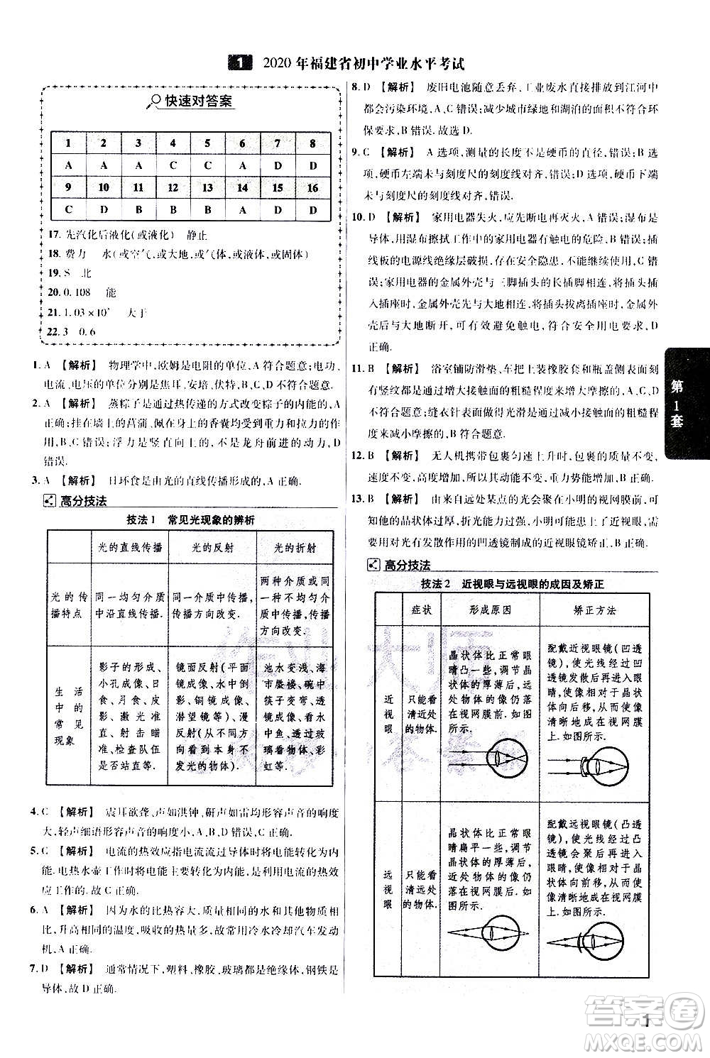 金考卷特快專遞2021版福建中考45套匯編物理答案