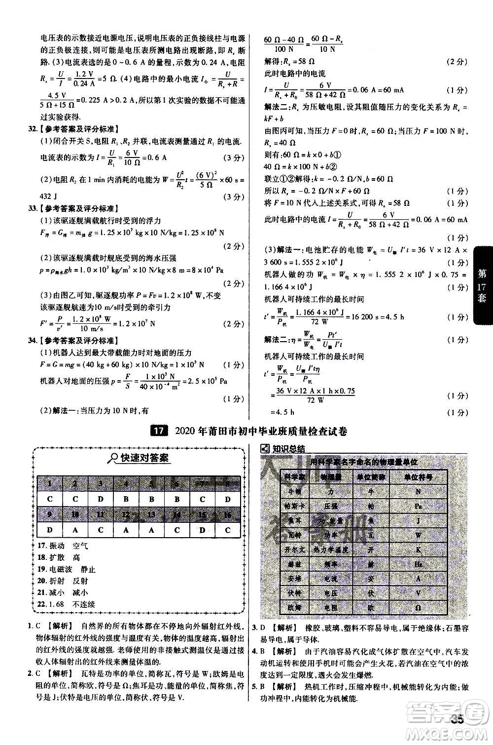 金考卷特快專遞2021版福建中考45套匯編物理答案