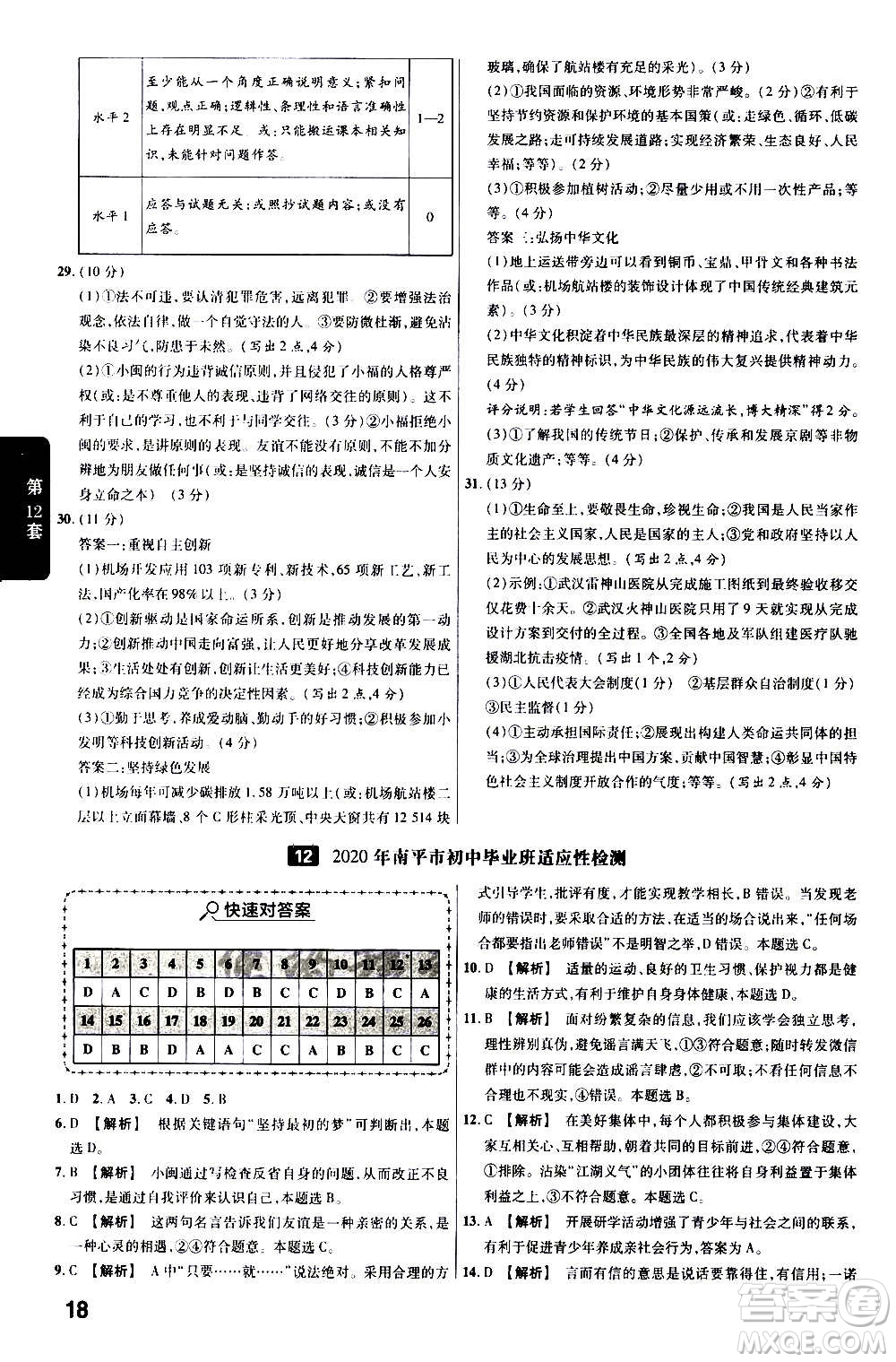 金考卷特快專(zhuān)遞2021版福建中考45套匯編道德與法治答案