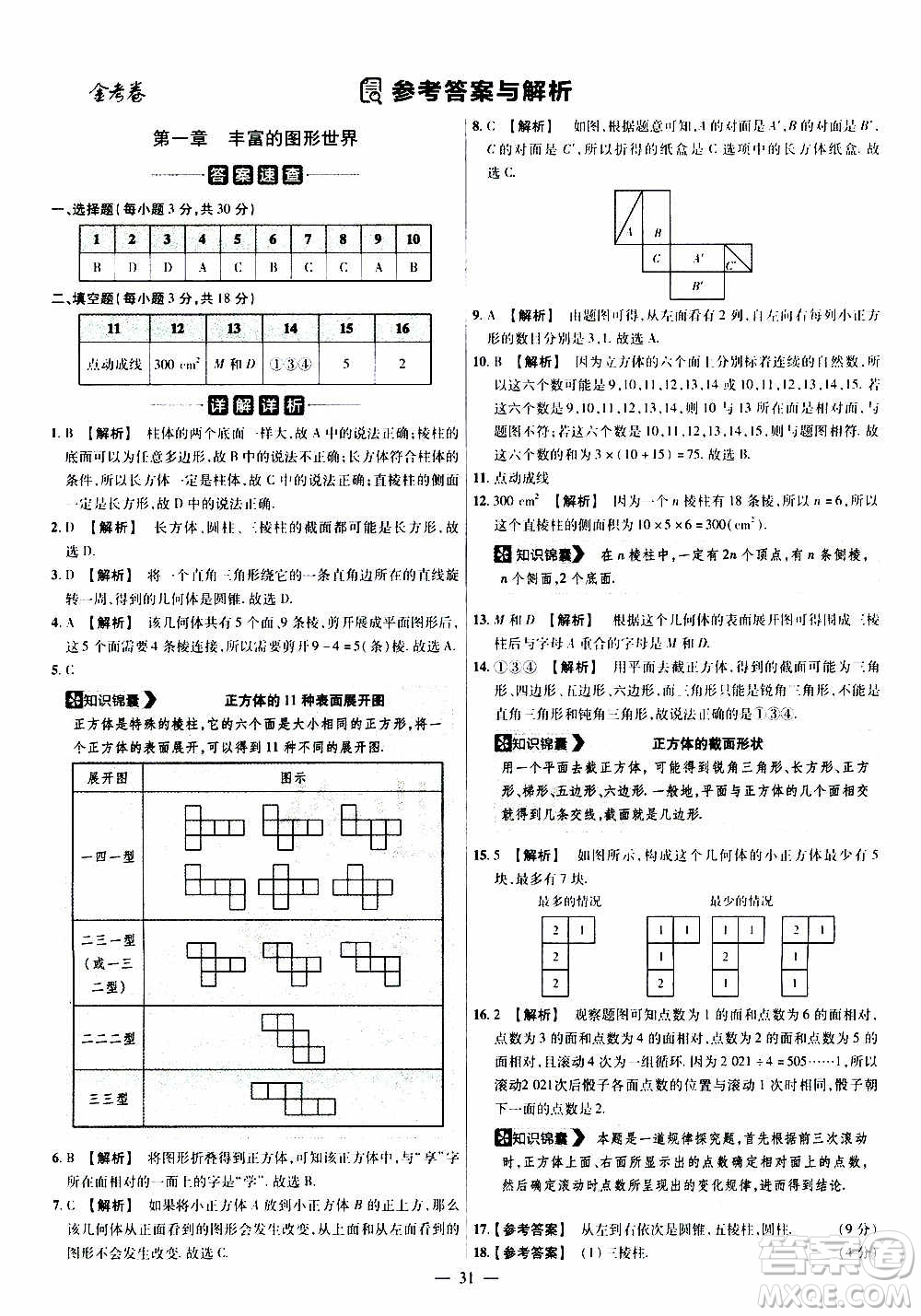 2021版金考卷活頁題選名師名題單元雙測卷數(shù)學(xué)七年級上冊BS北師大版答案