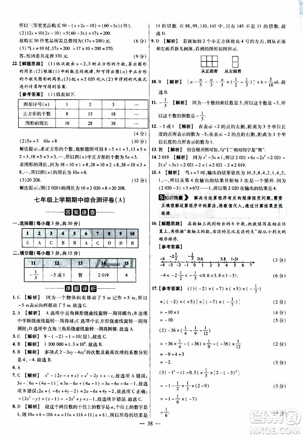 2021版金考卷活頁題選名師名題單元雙測卷數(shù)學(xué)七年級上冊BS北師大版答案