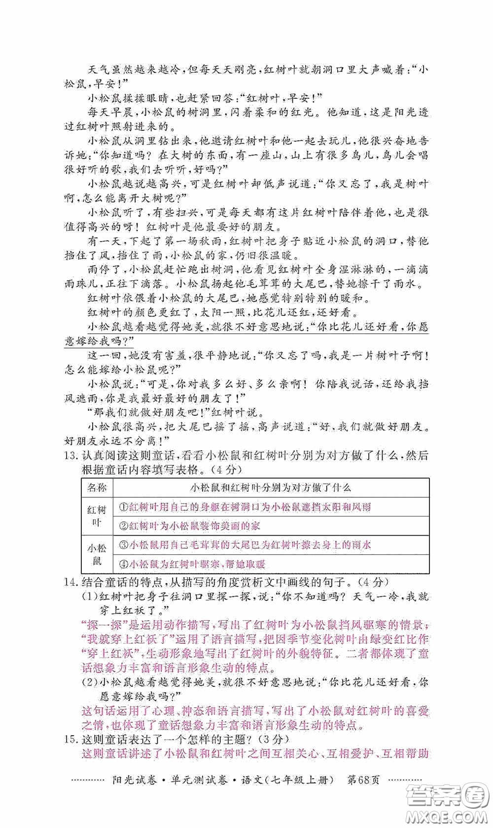 江西高校出版社2020秋陽光試卷單元測試卷七年級語文上冊答案