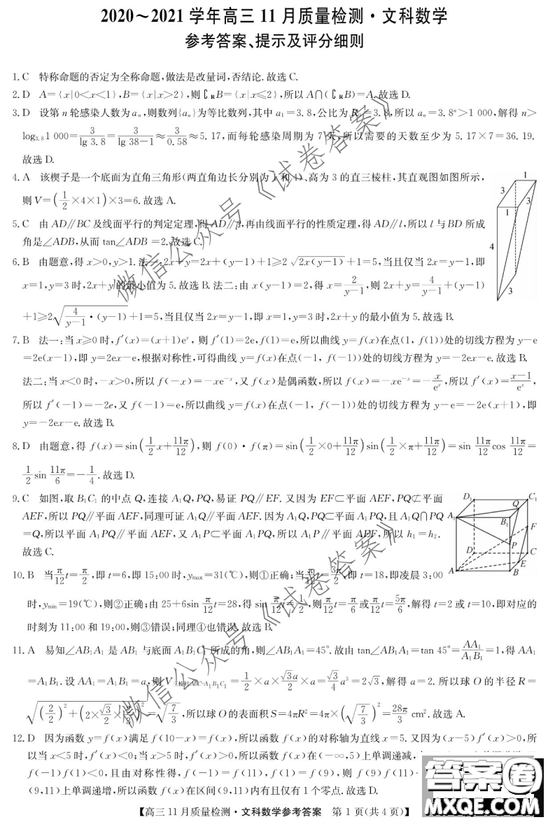 九師聯(lián)盟2020-2021學(xué)年高三11月質(zhì)量檢測(cè)文科數(shù)學(xué)試題及答案