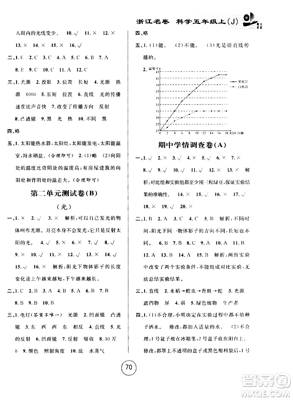 浙江大學(xué)出版社2020年浙江名卷科學(xué)五年級(jí)上冊J教科版答案