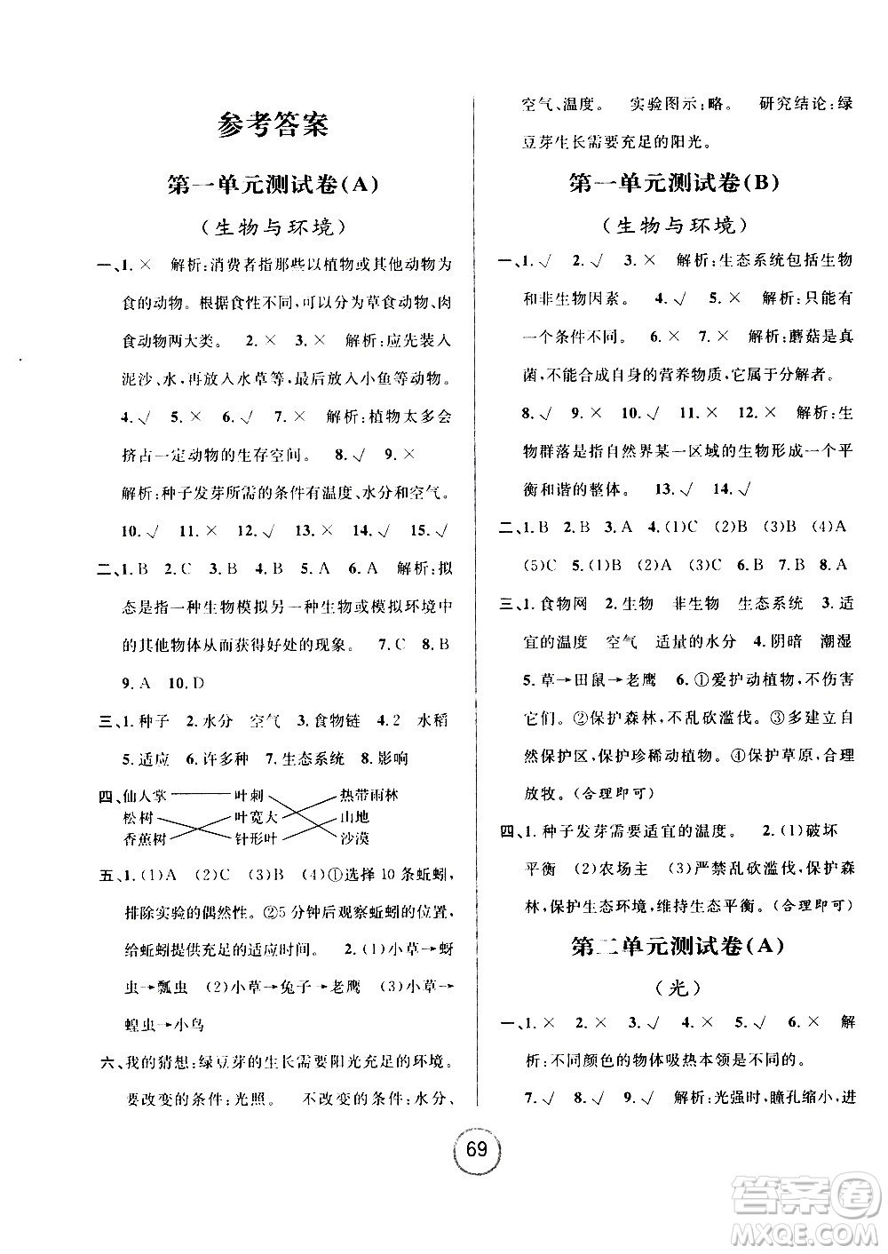 浙江大學(xué)出版社2020年浙江名卷科學(xué)五年級(jí)上冊J教科版答案