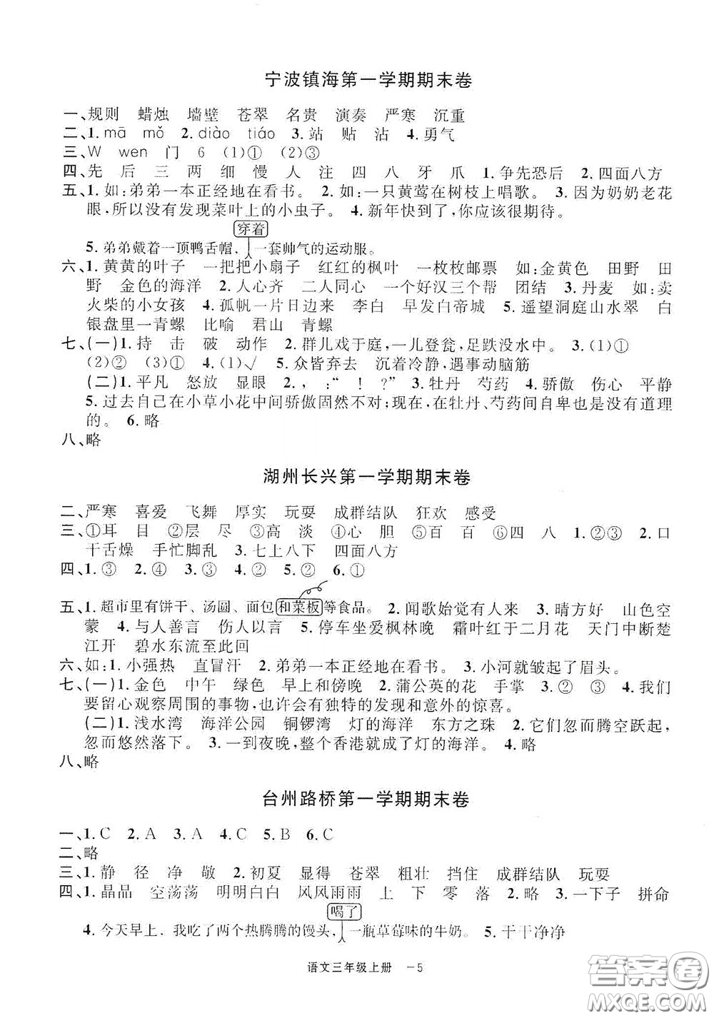 寧波出版社2020浙江各地期末迎考卷三年級語文上冊人教版答案