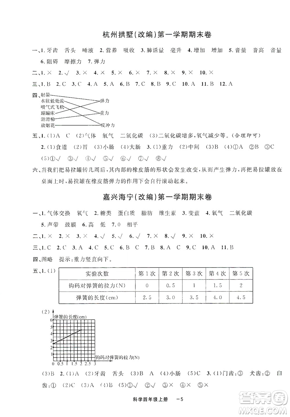 寧波出版社2020浙江各地期末迎考卷四年級科學上冊冀教版答案