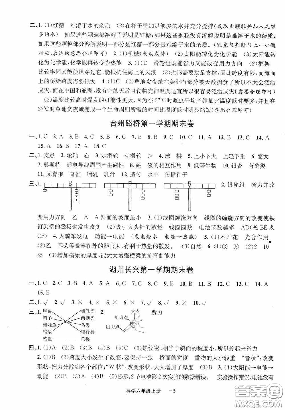 寧波出版社2020浙江各地期末迎考卷六年級科學上冊冀教版答案