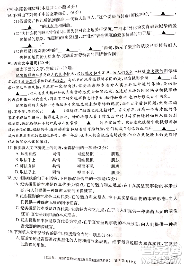 2020年11月份廣西玉林市高三教學(xué)質(zhì)量監(jiān)測(cè)試題語(yǔ)文試題及答案