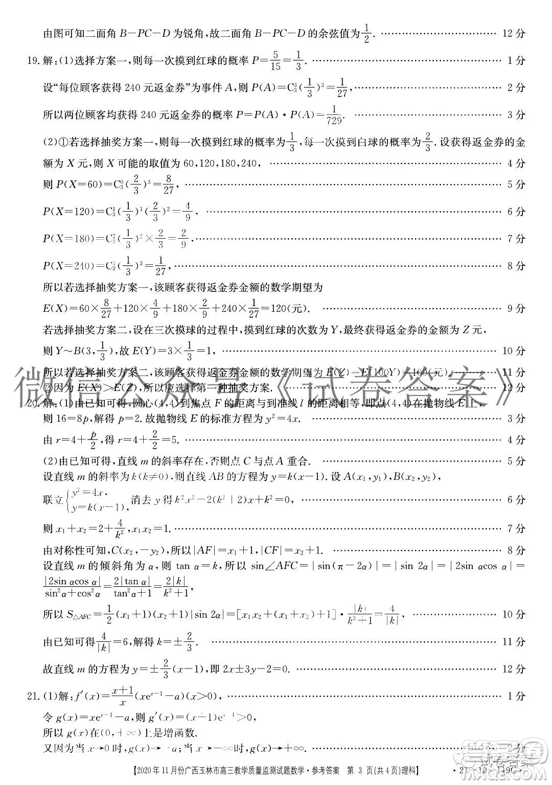 2020年11月份廣西玉林市高三教學(xué)質(zhì)量監(jiān)測試題理科數(shù)學(xué)答案