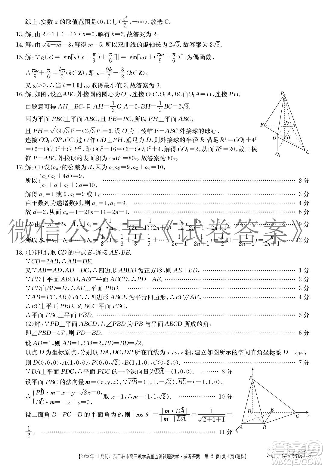 2020年11月份廣西玉林市高三教學(xué)質(zhì)量監(jiān)測試題理科數(shù)學(xué)答案