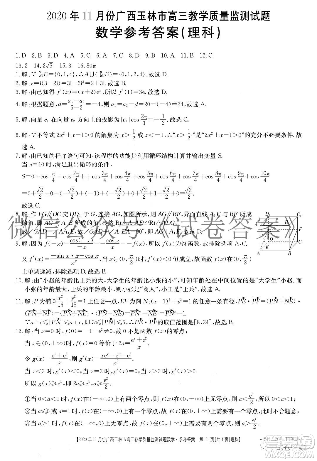 2020年11月份廣西玉林市高三教學(xué)質(zhì)量監(jiān)測試題理科數(shù)學(xué)答案