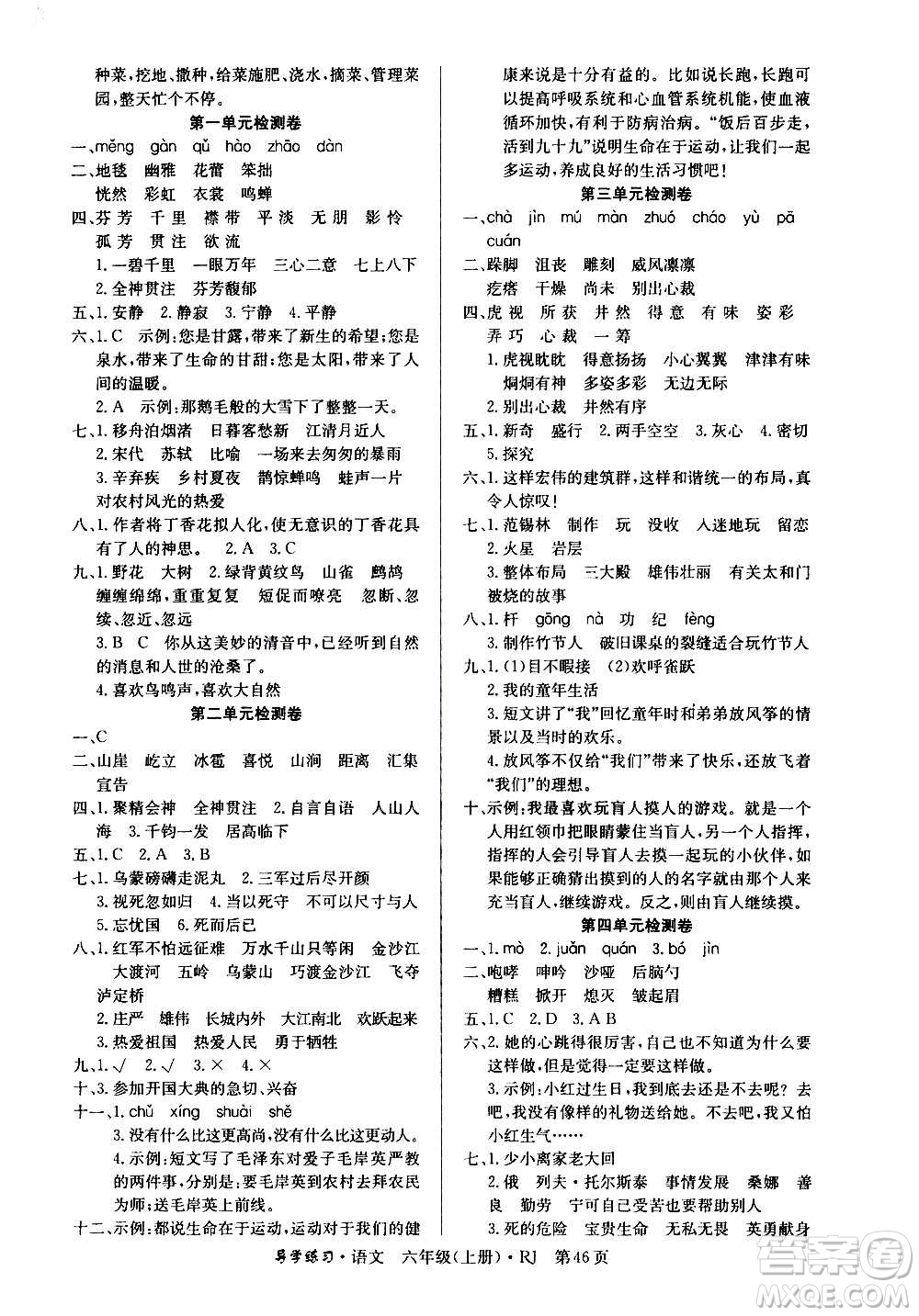 延邊教育出版社2020導(dǎo)學(xué)練習(xí)樂享語文六年級(jí)上冊(cè)RJ人教版答案