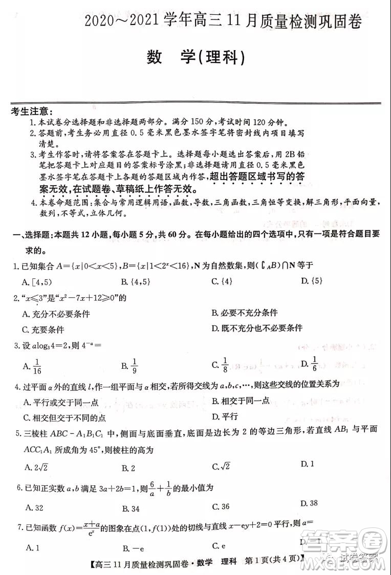 九師聯(lián)盟2020-2021學年高三11月質量檢測鞏固卷理科數(shù)學試題及答案