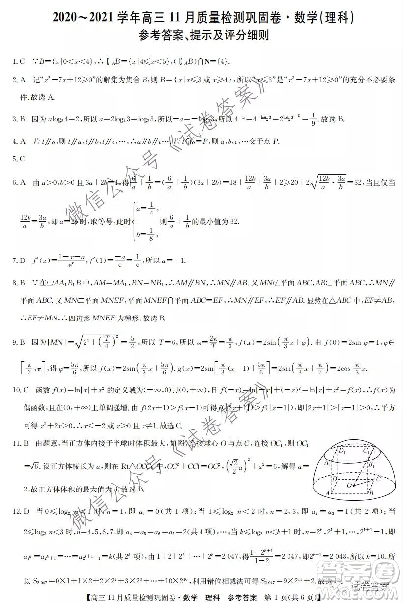 九師聯(lián)盟2020-2021學年高三11月質量檢測鞏固卷理科數(shù)學試題及答案