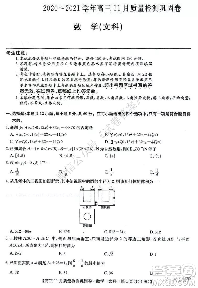 九師聯(lián)盟2020-2021學(xué)年高三11月質(zhì)量檢測鞏固卷文科數(shù)學(xué)試題及答案