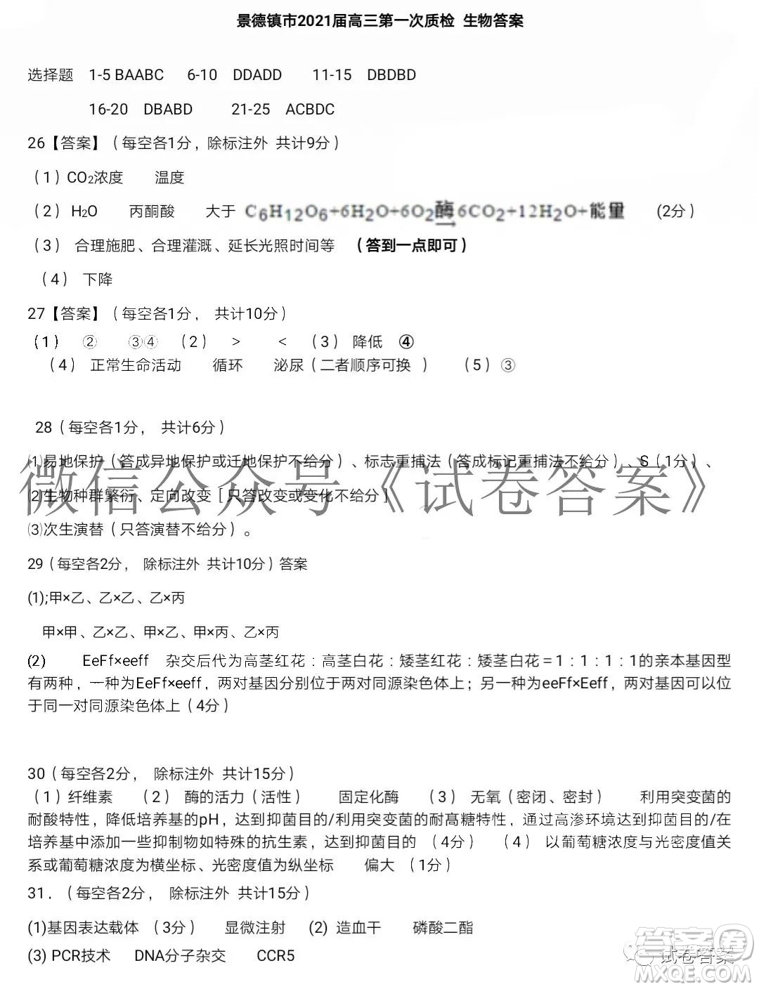 景德鎮(zhèn)市2021屆高三第一次質(zhì)檢試題生物答案