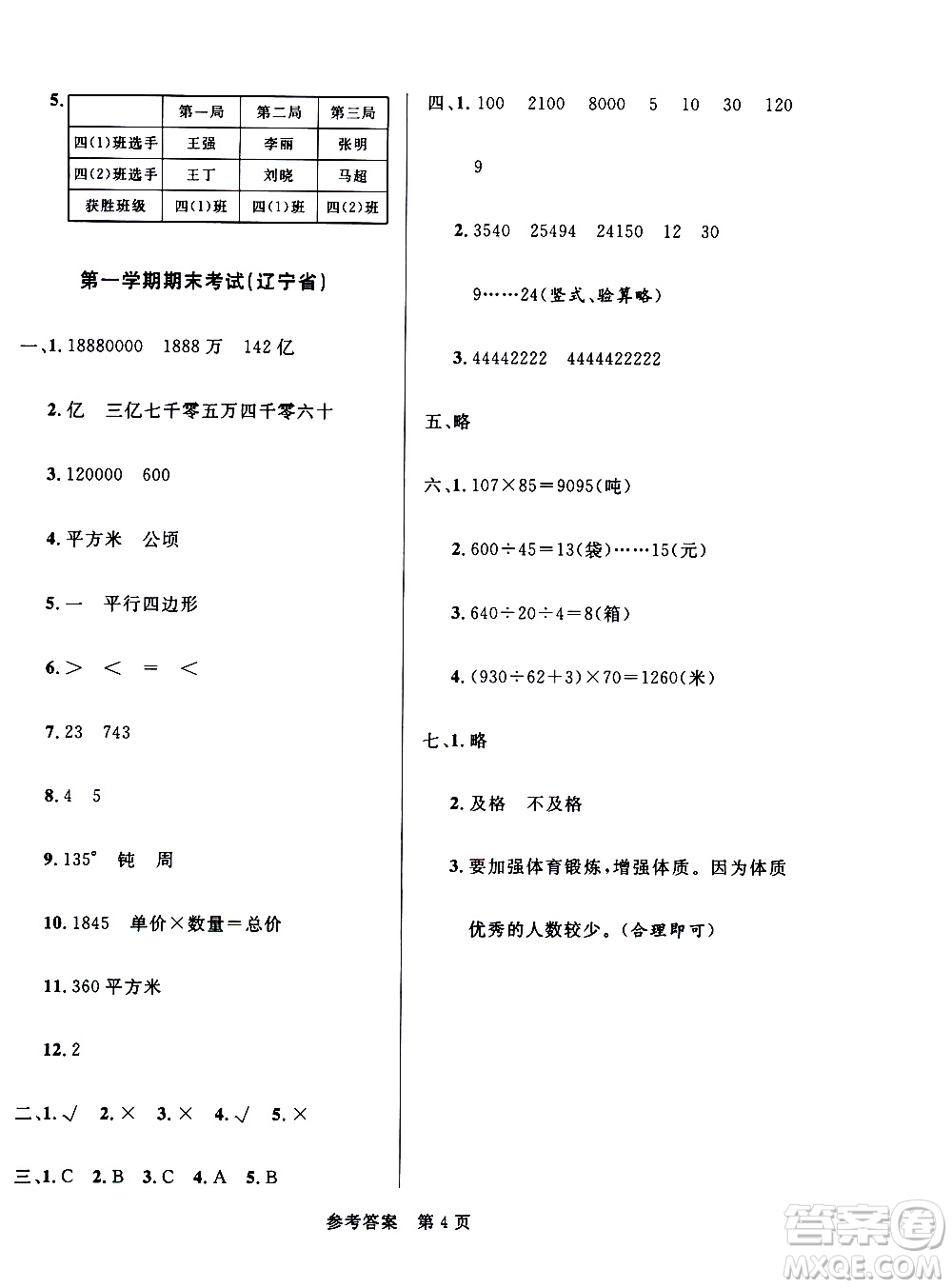 2020年黃岡名卷全國百所重點(diǎn)小學(xué)期末考試真題精選數(shù)學(xué)四年級(jí)上冊RJ人教版答案