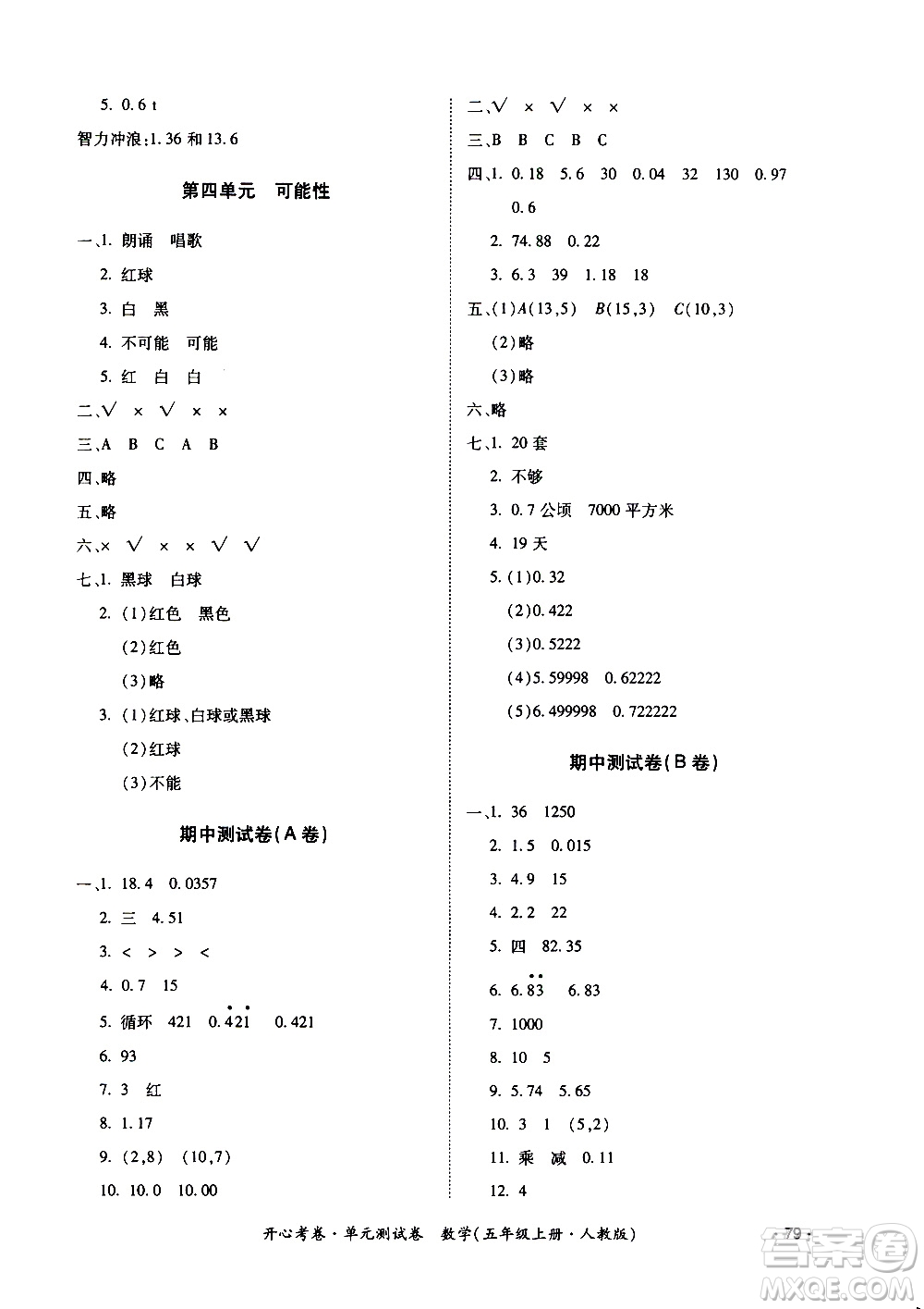 江西高校出版社2020開心考卷單元測試卷數(shù)學五年級上冊人教版答案