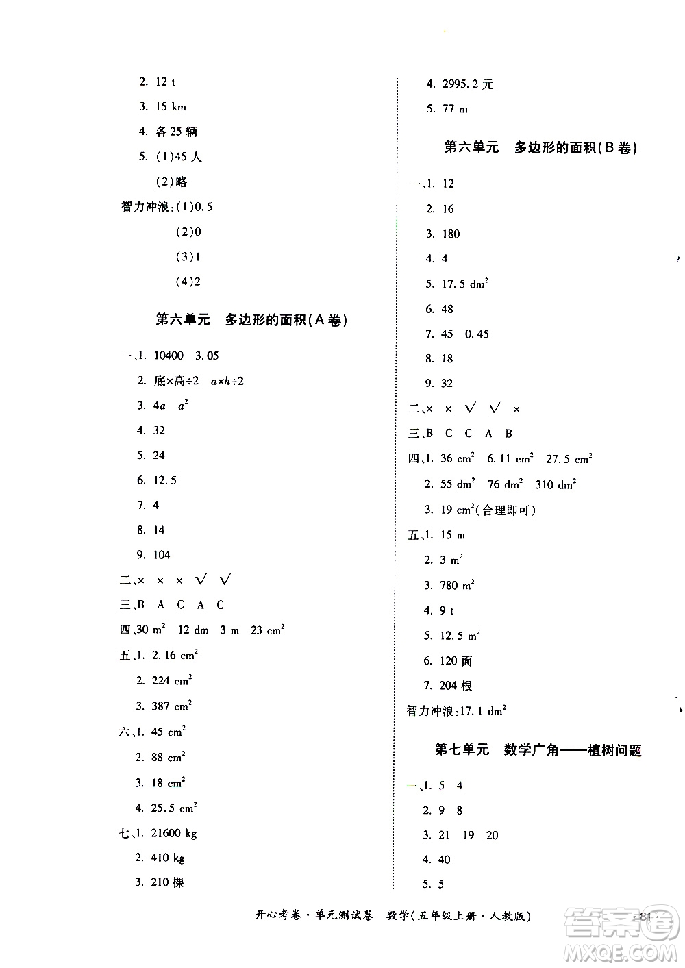 江西高校出版社2020開心考卷單元測試卷數(shù)學五年級上冊人教版答案