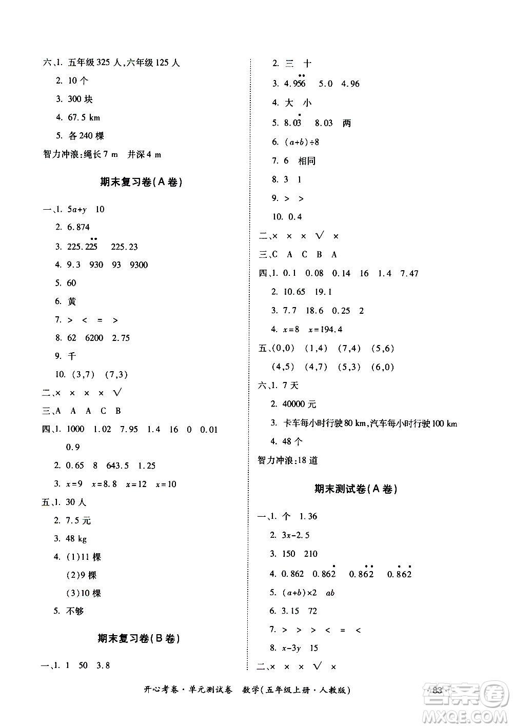 江西高校出版社2020開心考卷單元測試卷數(shù)學五年級上冊人教版答案