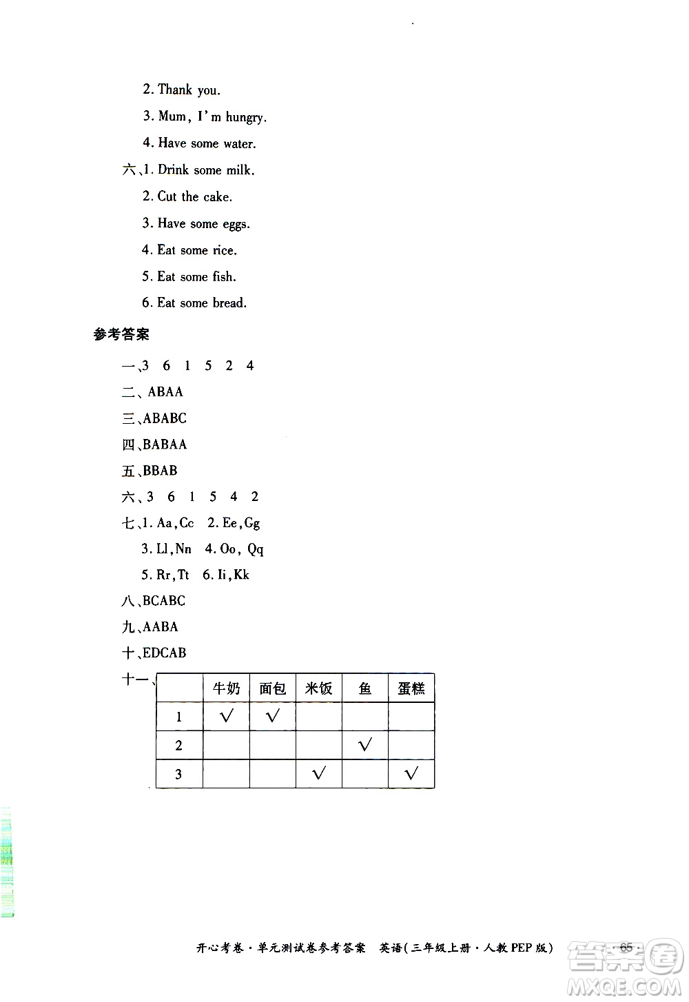 江西高校出版社2020開心考卷單元測(cè)試卷英語(yǔ)三年級(jí)上冊(cè)人教版答案