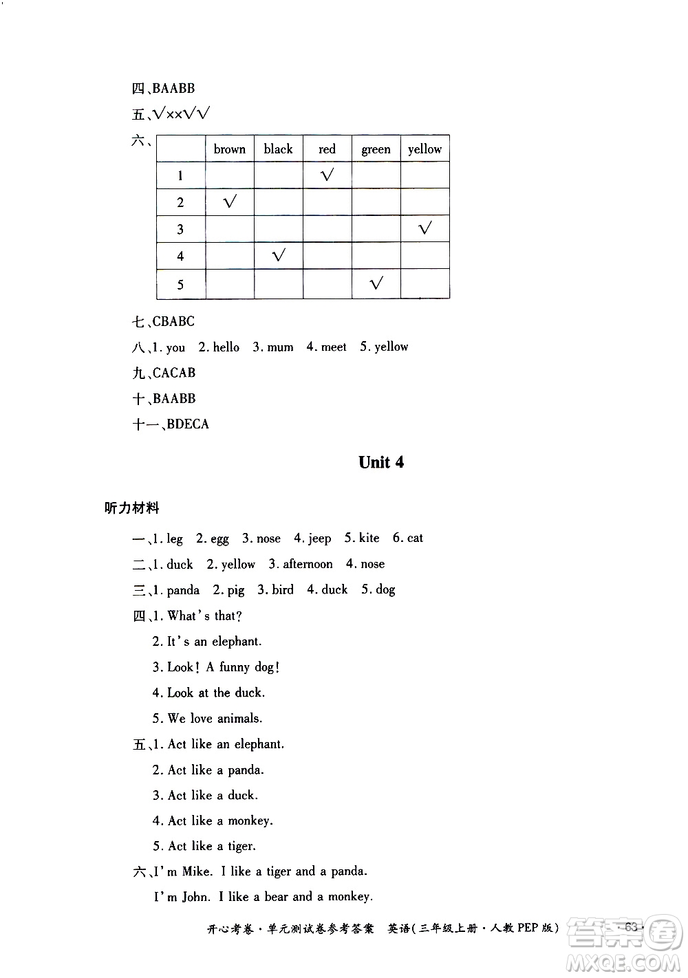 江西高校出版社2020開心考卷單元測(cè)試卷英語(yǔ)三年級(jí)上冊(cè)人教版答案