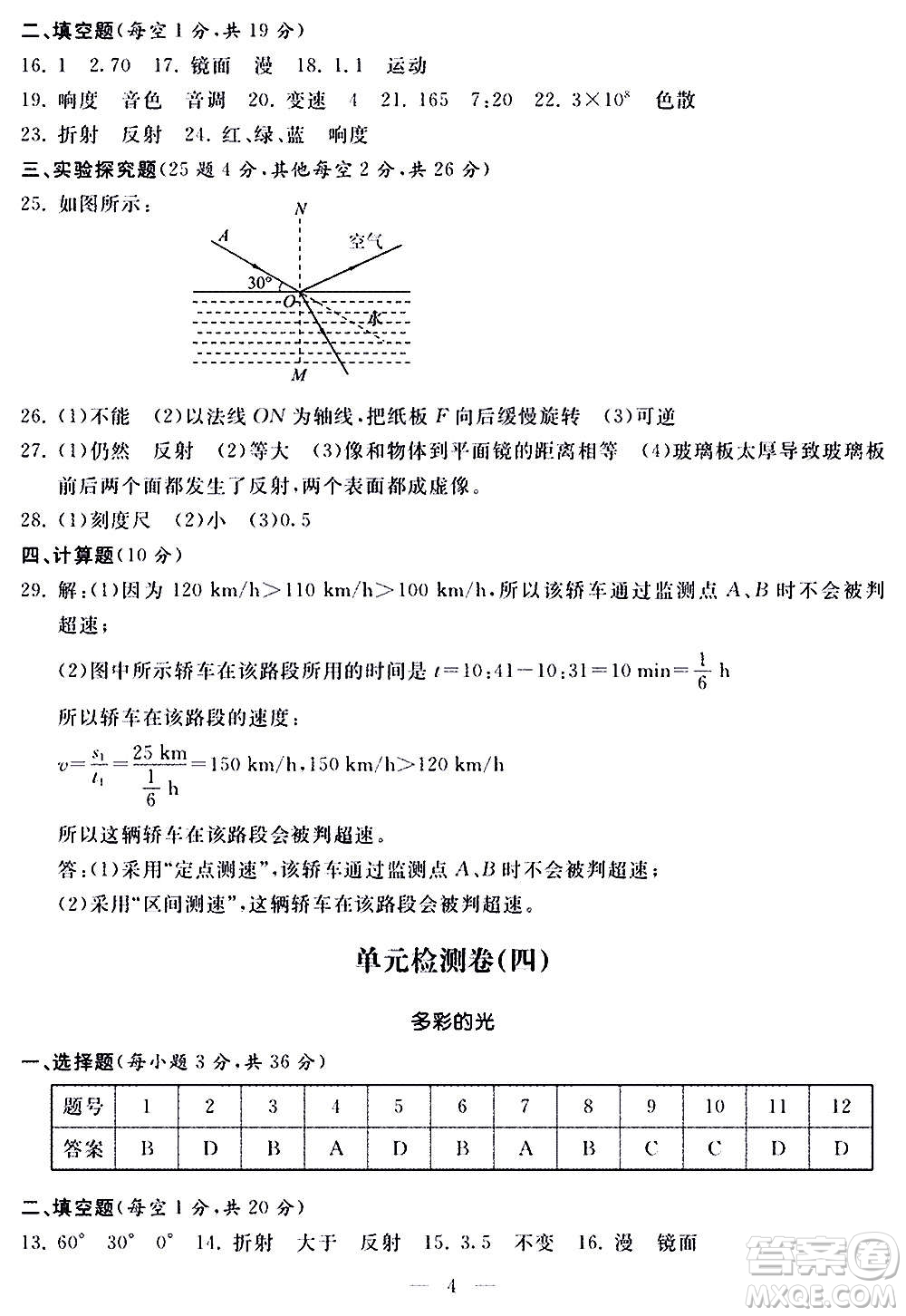 山東科學(xué)技術(shù)出版社2020單元檢測(cè)卷物理八年級(jí)全一冊(cè)人教版答案