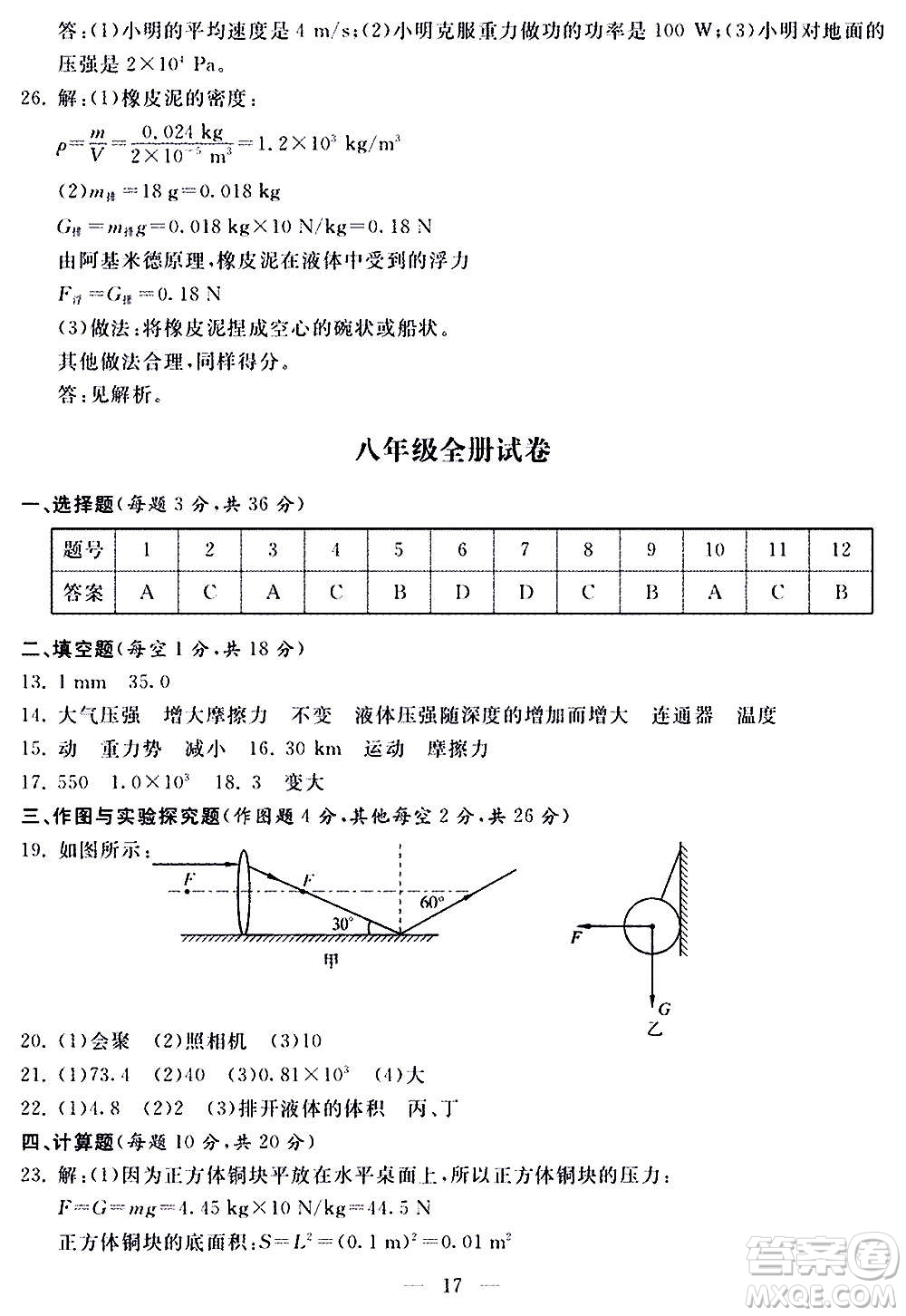 山東科學(xué)技術(shù)出版社2020單元檢測(cè)卷物理八年級(jí)全一冊(cè)人教版答案