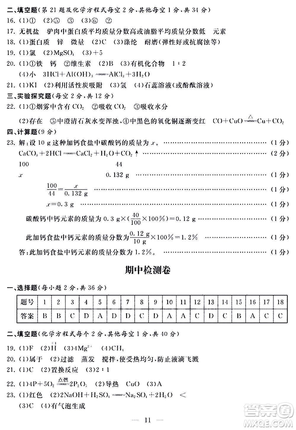 山東科學技術(shù)出版社2020單元檢測卷化學九年級上下冊人教版答案