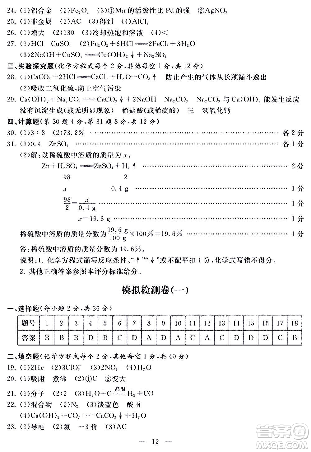 山東科學技術(shù)出版社2020單元檢測卷化學九年級上下冊人教版答案