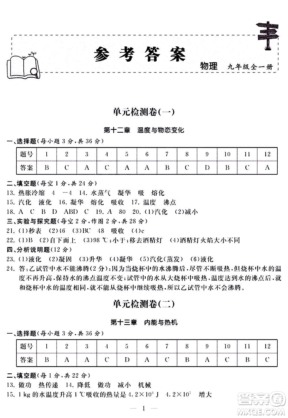 山東科學技術(shù)出版社2020單元檢測卷物理九年級全一冊人教版答案