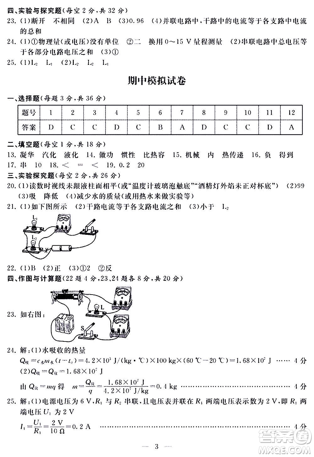 山東科學技術(shù)出版社2020單元檢測卷物理九年級全一冊人教版答案