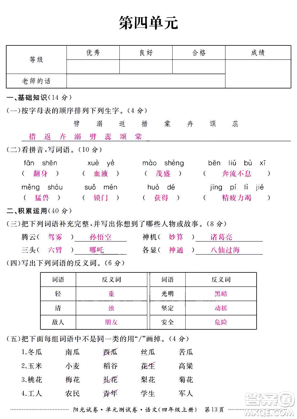 江西高校出版社2020陽(yáng)光試卷單元測(cè)試卷語(yǔ)文四年級(jí)上冊(cè)人教版答案